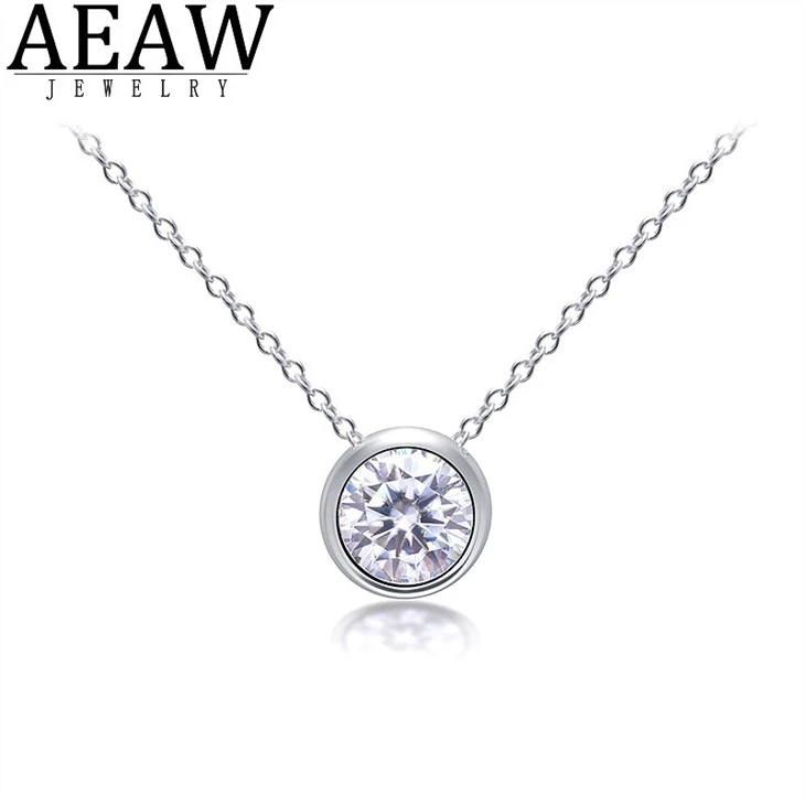 D Color Round Excellent Cut Moissanite Pendant Bezel Setting 1CT CARAT 6.5MM Gift For Women Pendant Necklace Real 14K White Gold