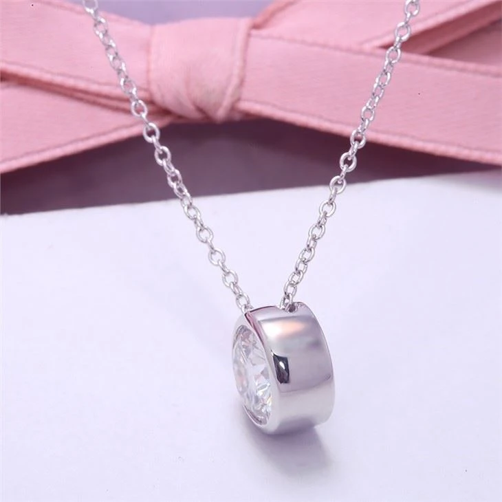 D Color Round Excellent Cut Moissanite Pendant Bezel Setting 1CT CARAT 6.5MM Gift For Women Pendant Necklace Real 14K White Gold